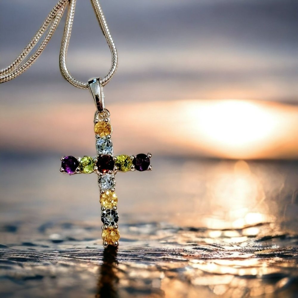 .925 Multi Gemstones Cross & 22" Chain Amethyst Blue Topaz Women Teen Gift Snk7 - Picture 2 of 4